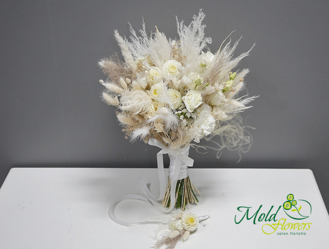 Buchet de mireasă din trandafir alb, eustoma, dalie și lagurus foto